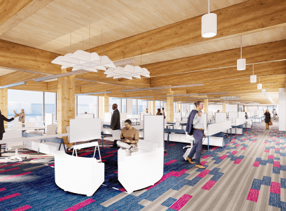 Office interior built with timber, people walking around