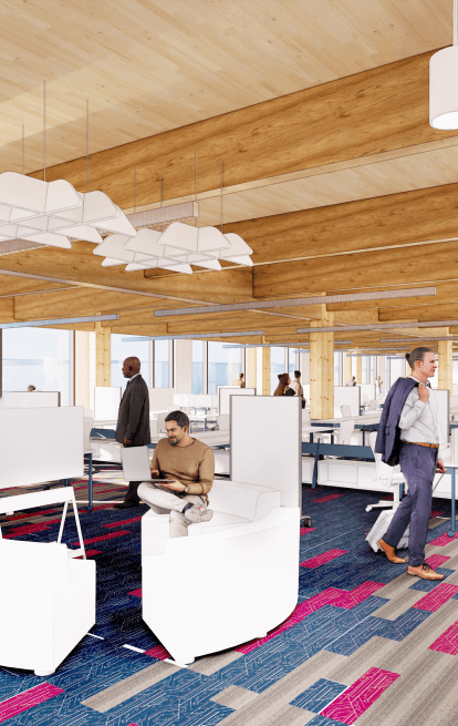 Office interior built with timber, people walking around