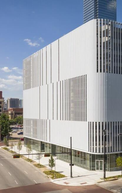 Street view of modern parking garage in Dallas