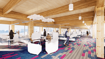 Office interior built with timber, people walking around
