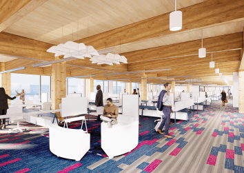 Office interior built with timber, people walking around
